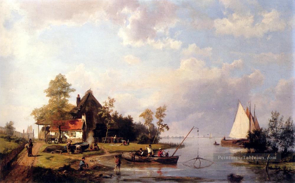Un paysage de rivière avec un ferry et des chiffres Réparer un bateau Hermanus Snr Koekkoek Peintures à l'huile